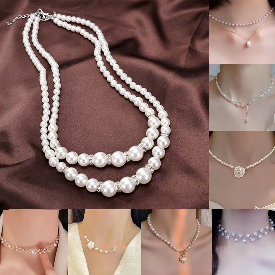 Korean Double Layer Pearl Choker Necklace Silver Gold Color 