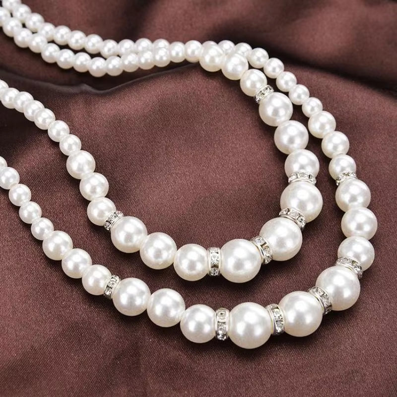 Korean Double Layer Pearl Choker Necklace Silver Gold Color 