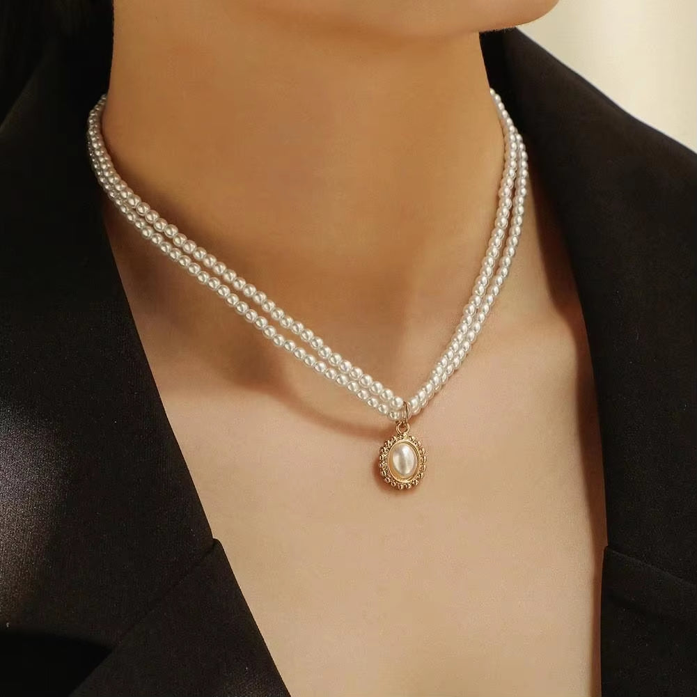 Korean Double Layer Pearl Choker Necklace Silver Gold Color 