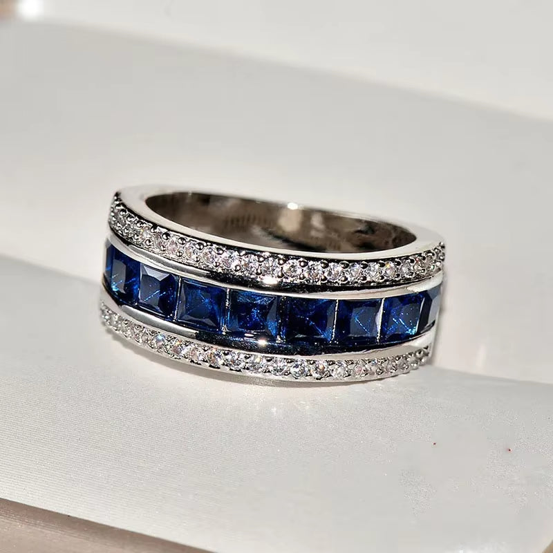 Authentic Stamp Finger Ring with round Blue Square Cubic Zirconia Crystal Wide Sterling Plata Ring 