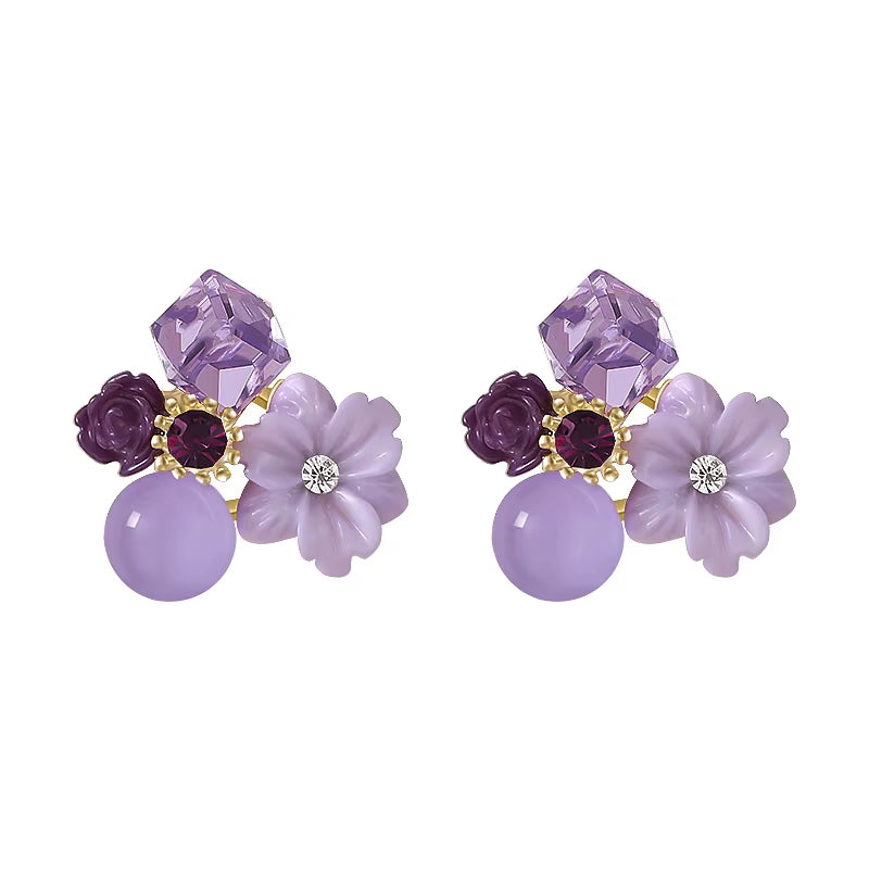 Noble Purple Crystal Flower Stud Earrings 