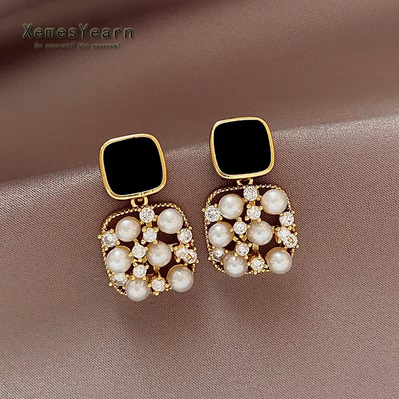  Black Square Pearl Zircon Pendant Earrings