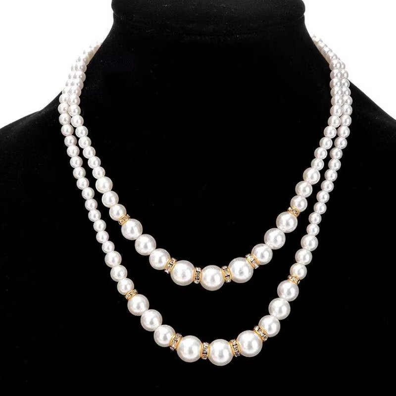 Korean Double Layer Pearl Choker Necklace Silver Gold Color 