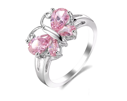 Authentic Silver Color Butterfly & Sparkling Pink CZ Finger Ring 