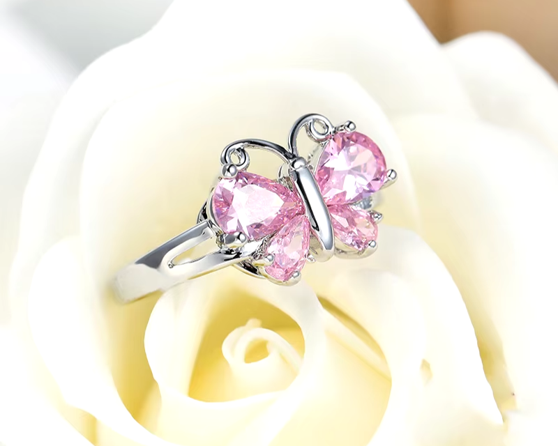 Authentic Silver Color Butterfly & Sparkling Pink CZ Finger Ring 