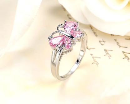 Authentic Silver Color Butterfly & Sparkling Pink CZ Finger Ring 