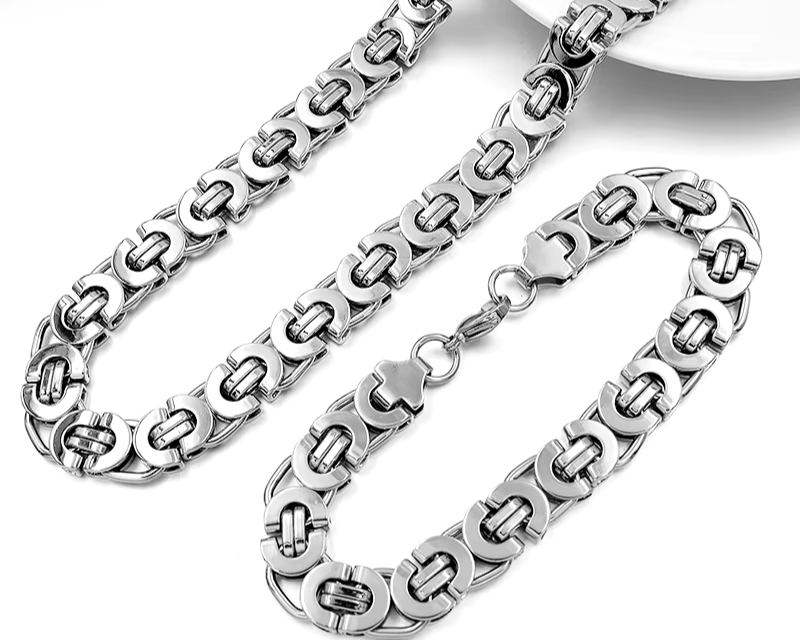 Stainless Steel Men Jewelry Set Bracelet Necklace Sets 11Mm Width 