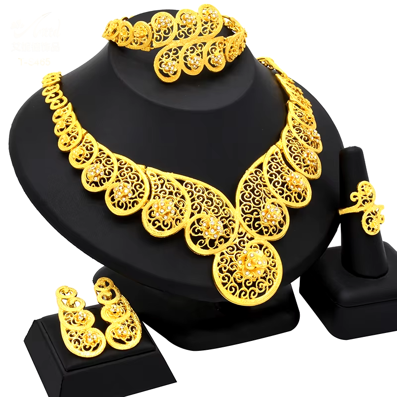 Indian Jewellery Luxury Necklace Jewelry Sets for Women Dubai Gold Color African Arabic Wedding Bridal Collection Sets Earring