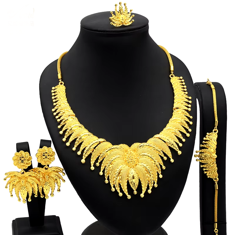 Indian Jewellery Luxury Necklace Jewelry Sets for Women Dubai Gold Color African Arabic Wedding Bridal Collection Sets Earring