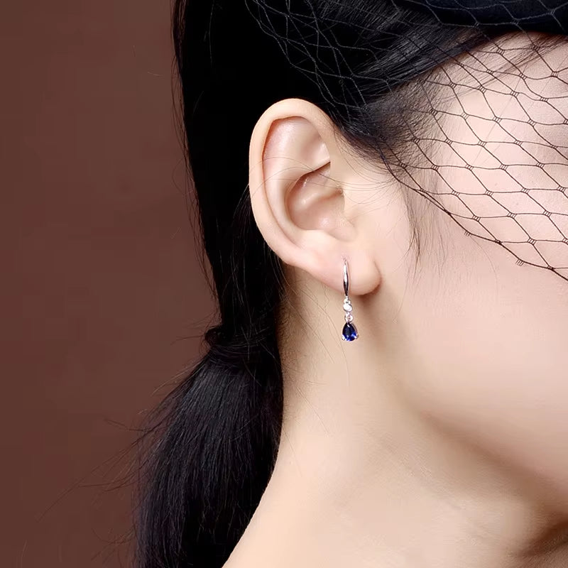 Trendy Silver 925 with Water Drop Shaped Sapphire Gemstones Earrings 