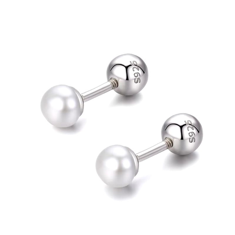 925 Sterling Silver White Freshwater Pearls Screw Back Stud Earrings 