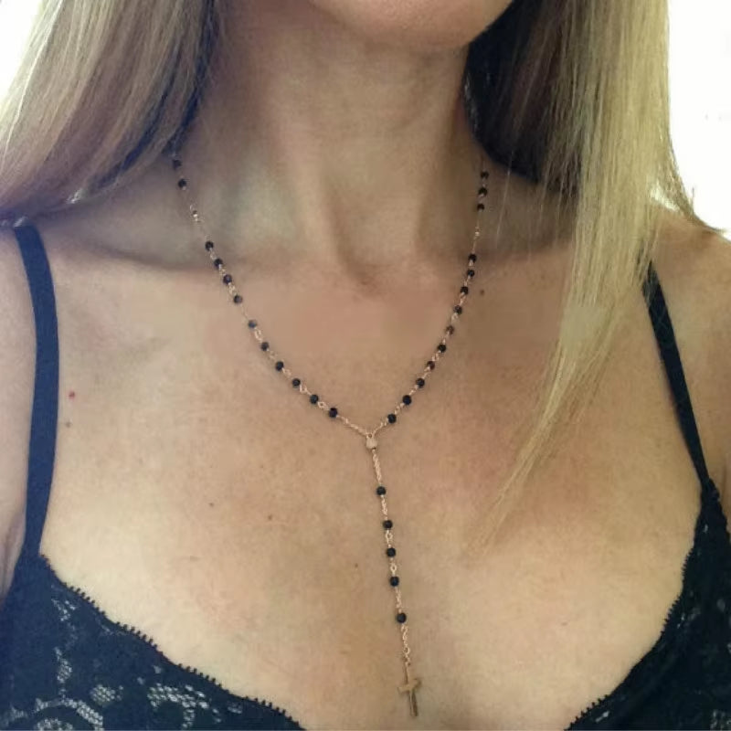 Gold Silver Color Chain Black Crystal Beads Necklace 