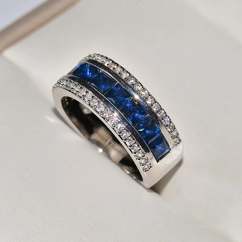 Authentic Stamp Finger Ring with round Blue Square Cubic Zirconia Crystal Wide Sterling Plata Ring 