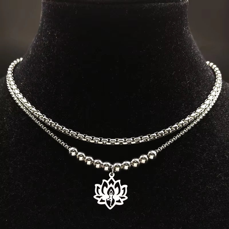 Yoga Lotus Stainless Steel Statement Silver Color Double Layer Necklace 