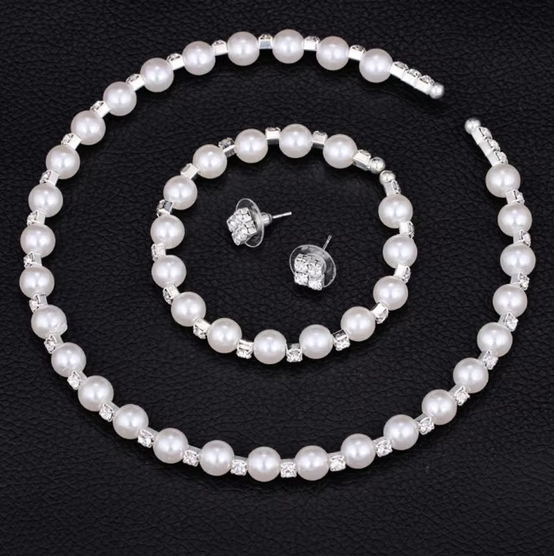 Pearl Prom Silver Color Crystal Bracelet Necklace Earrings Jewellery Sets