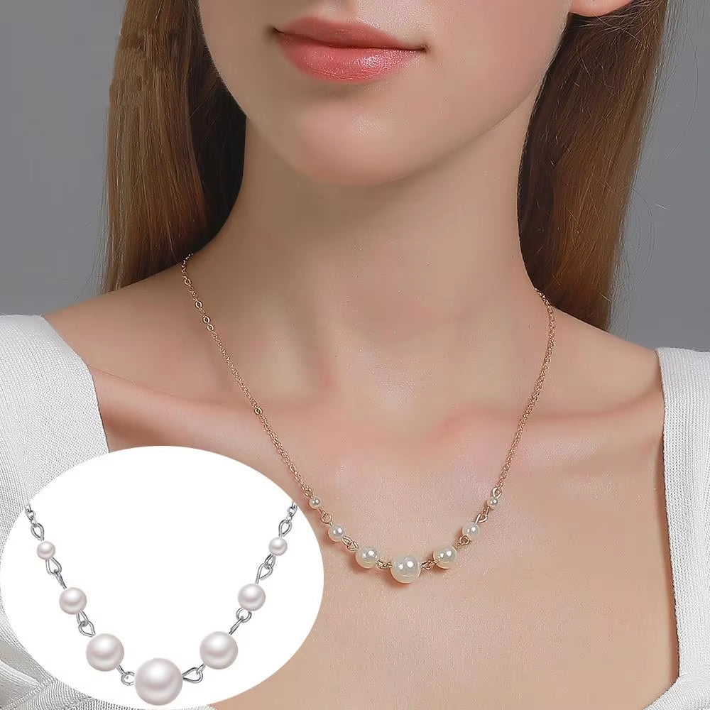 Korean Double Layer Pearl Choker Necklace Silver Gold Color 