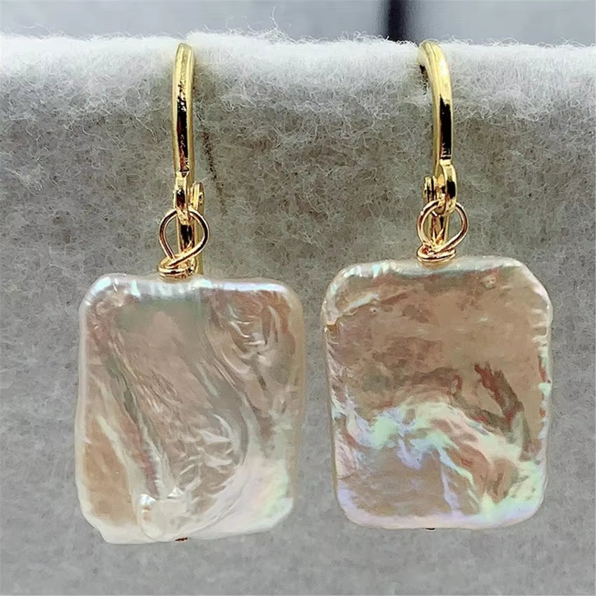 White Square Baroque Pearl Earrings 18K 