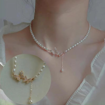 Korean Double Layer Pearl Choker Necklace Silver Gold Color 