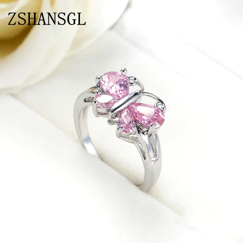 Authentic Silver Color Butterfly & Sparkling Pink CZ Finger Ring 