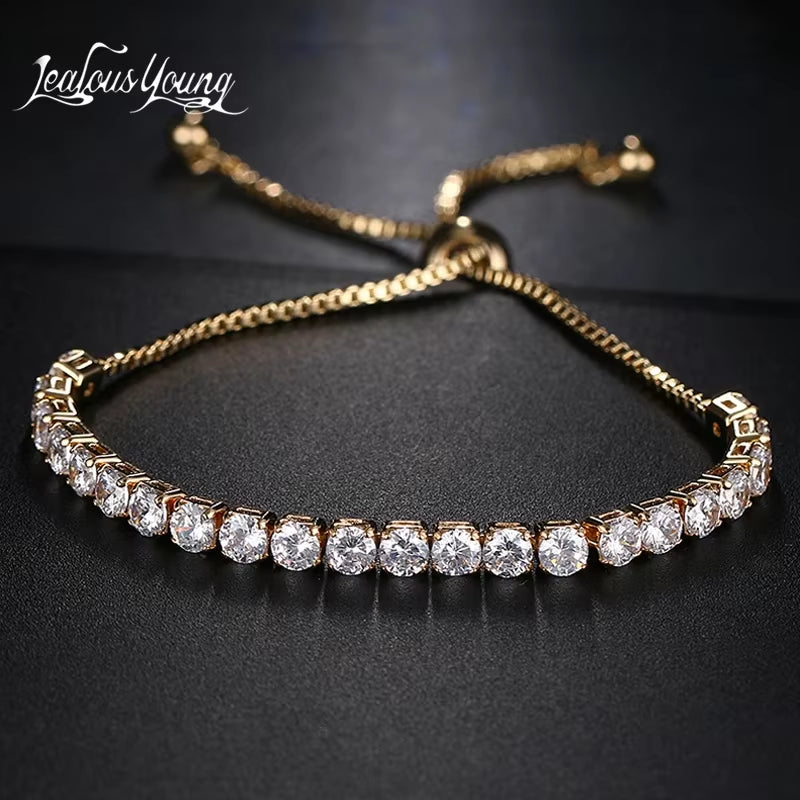 Adjustable Fashion Tennis Bracelet for Women with Cubic Zirconia, White Gold-Plated Crystal Bangle