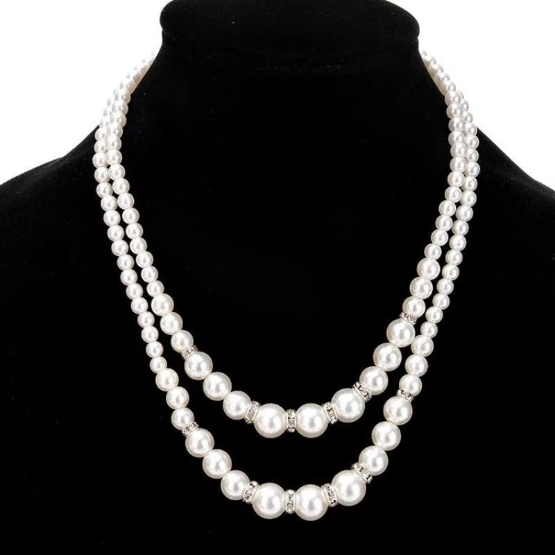 Korean Double Layer Pearl Choker Necklace Silver Gold Color 