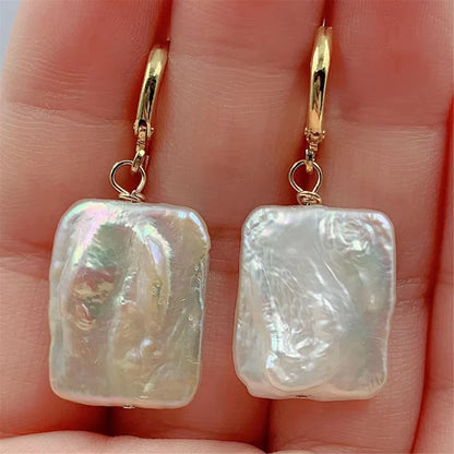 White Square Baroque Pearl Earrings 18K 