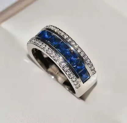 Authentic Stamp Finger Ring with round Blue Square Cubic Zirconia Crystal Wide Sterling Plata Ring 