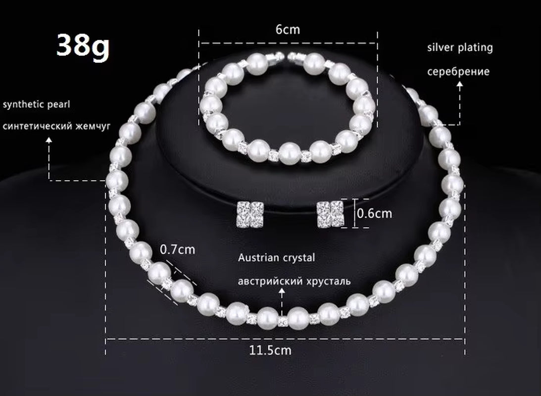 Pearl Prom Silver Color Crystal Bracelet Necklace Earrings Jewellery Sets