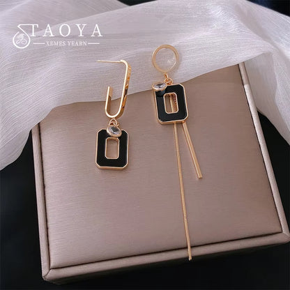 Black Square Pendant Metal Long Earrings