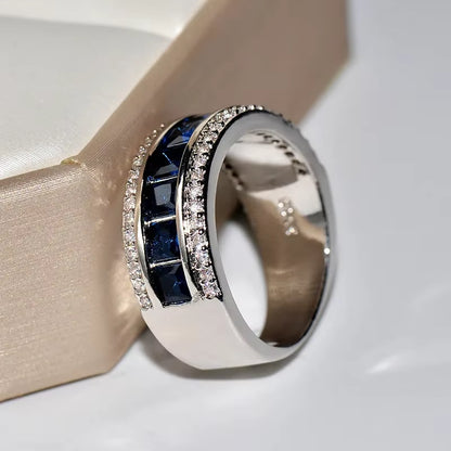 Authentic Stamp Finger Ring with round Blue Square Cubic Zirconia Crystal Wide Sterling Plata Ring 