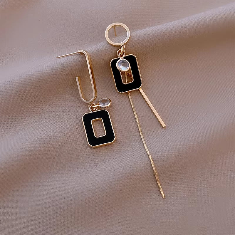 Black Square Pendant Metal Long Earrings