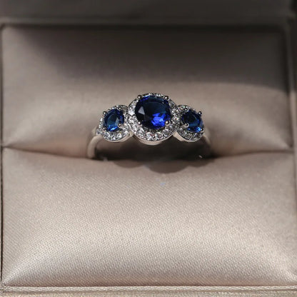 Big round Blue CZ Wedding Rings for Women 925 Sterling Silver 