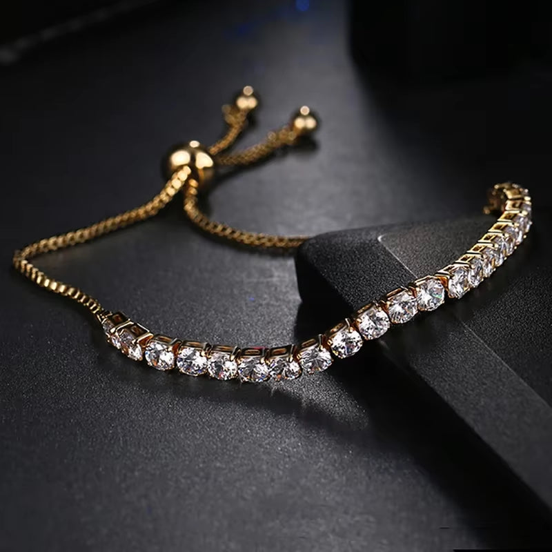 Adjustable Fashion Tennis Bracelet for Women with Cubic Zirconia, White Gold-Plated Crystal Bangle