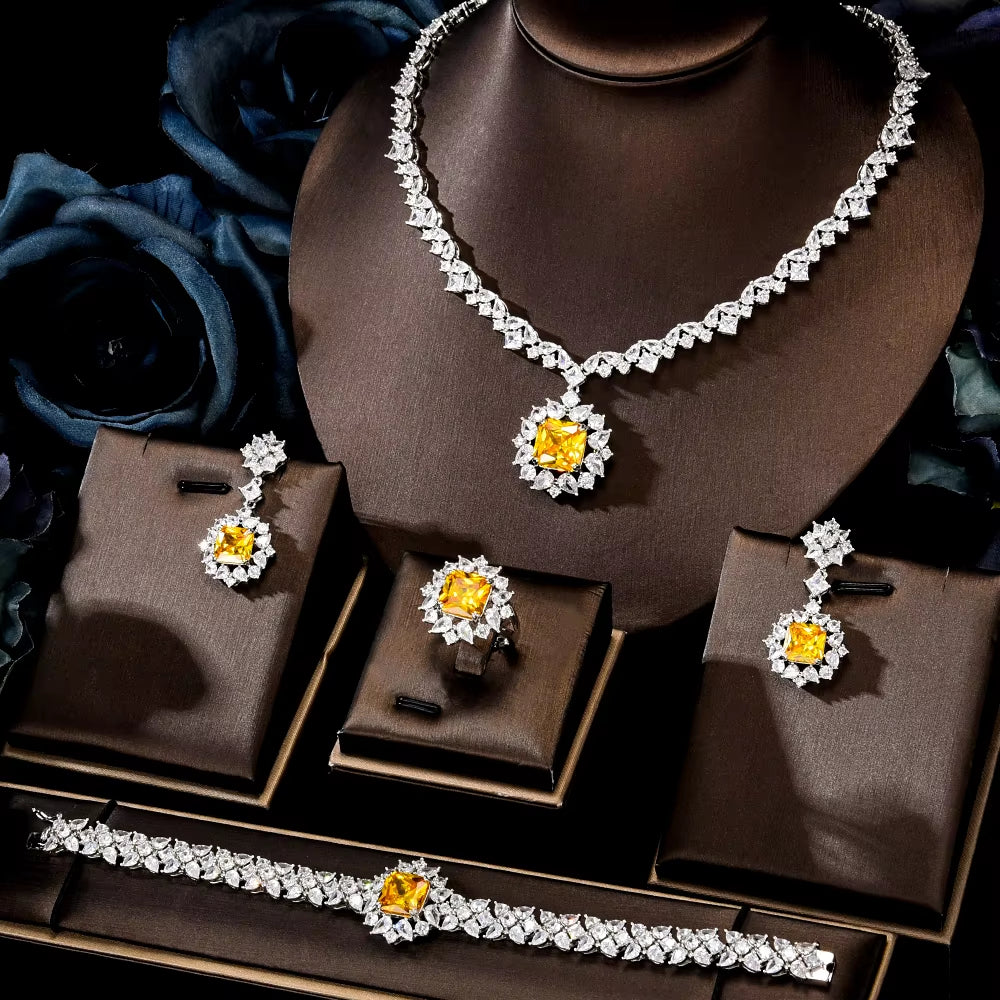 Trendy Square Yellow Jewelry Set for Women, Wedding African Dubai Bridal Set