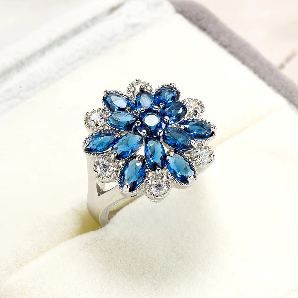 Silver Color Hollow-Out Blue Flower Big Zircon Stone Ring 