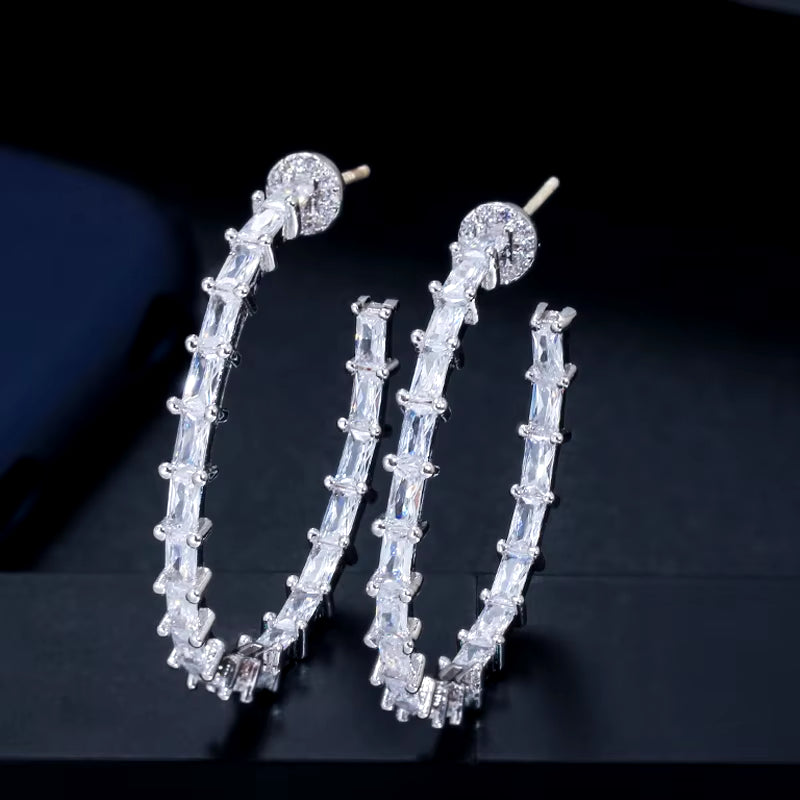 Big Circle round Hoop Earring Clear Baguette Cubic Zircon Crystal