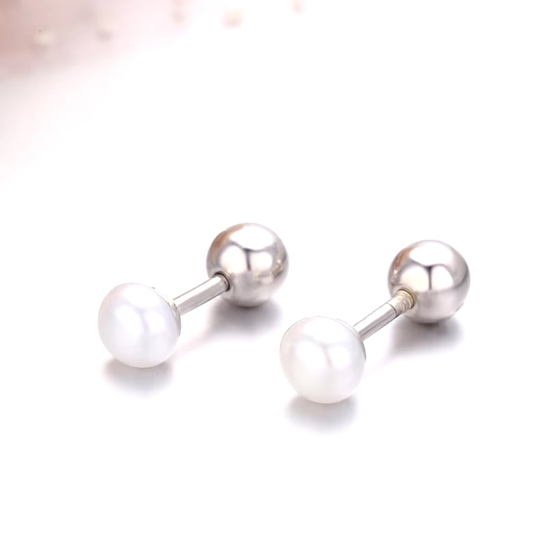 925 Sterling Silver White Freshwater Pearls Screw Back Stud Earrings 