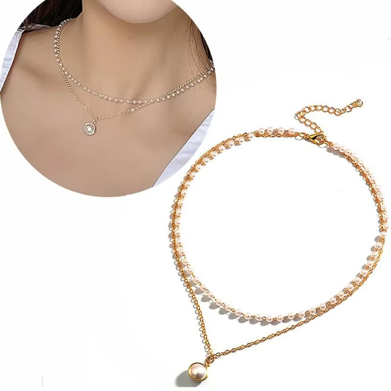 Korean Double Layer Pearl Choker Necklace Silver Gold Color 