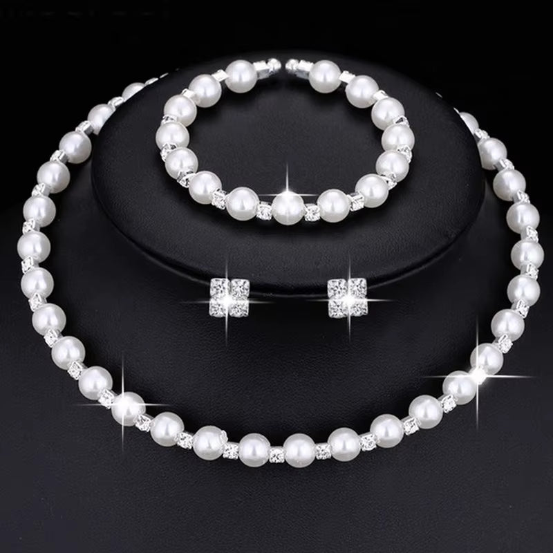 Pearl Prom Silver Color Crystal Bracelet Necklace Earrings Jewellery Sets