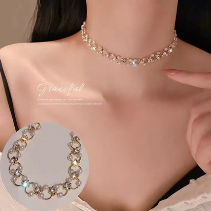 Korean Double Layer Pearl Choker Necklace Silver Gold Color 