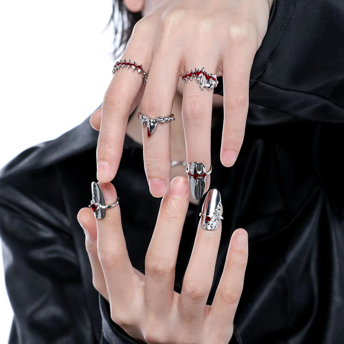 Trendy Fashion Nail Ring  Set Silver Color Irregular Nail Pieces Adjustable 