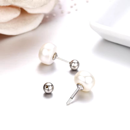 925 Sterling Silver White Freshwater Pearls Screw Back Stud Earrings 