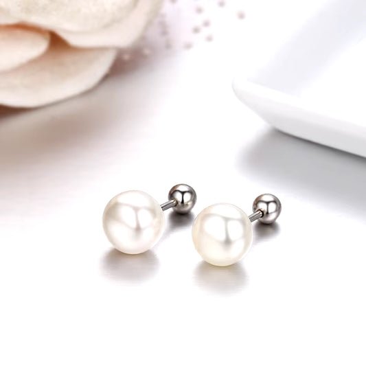 925 Sterling Silver White Freshwater Pearls Screw Back Stud Earrings 