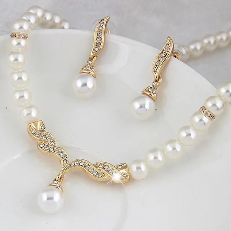 3Pcs/Set  Pearl Rhinestone Angle Necklace Earrings Jewelry Set 