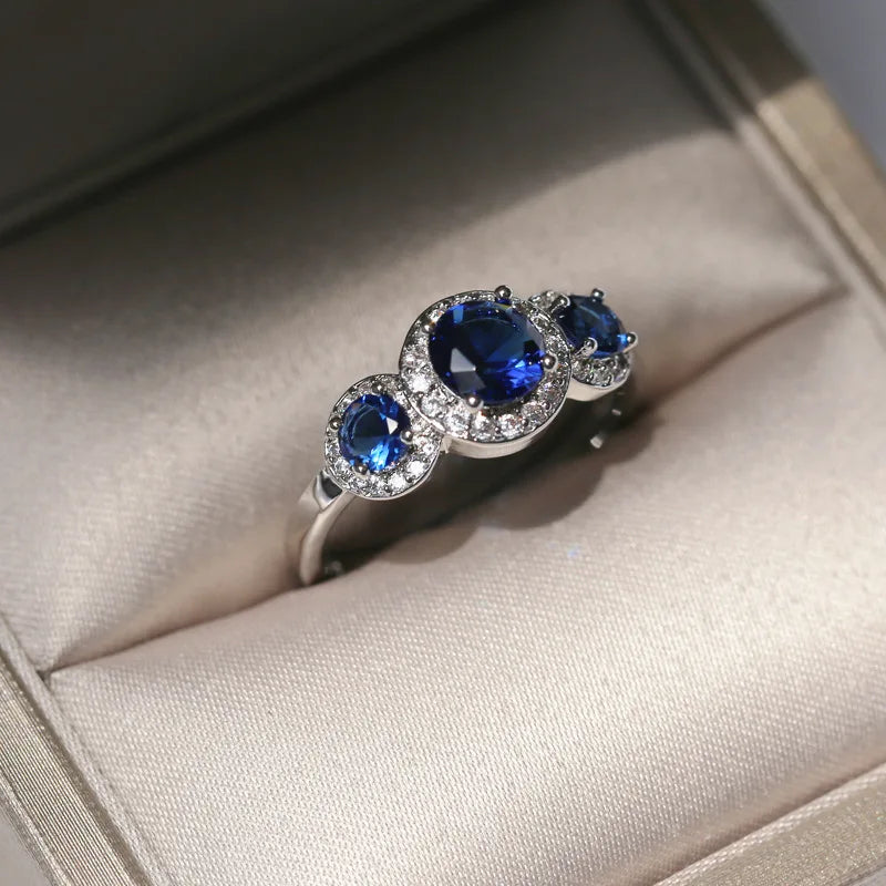 Big round Blue CZ Wedding Rings for Women 925 Sterling Silver 