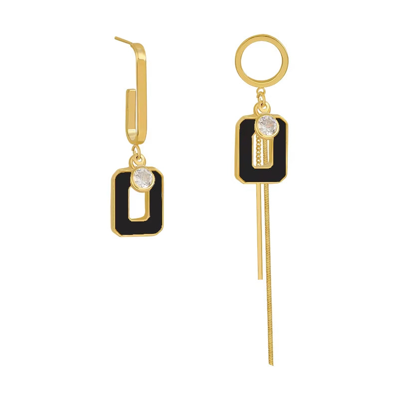 Black Square Pendant Metal Long Earrings