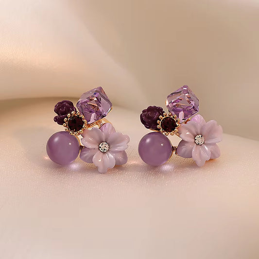 Noble Purple Crystal Flower Stud Earrings 