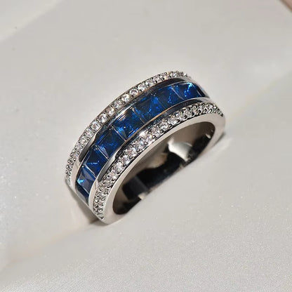 Authentic Stamp Finger Ring with round Blue Square Cubic Zirconia Crystal Wide Sterling Plata Ring 