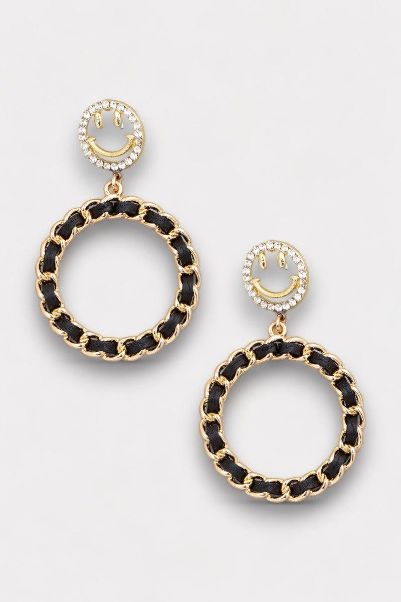 Hoop Smiley Face Circle Chain Drop Earrings