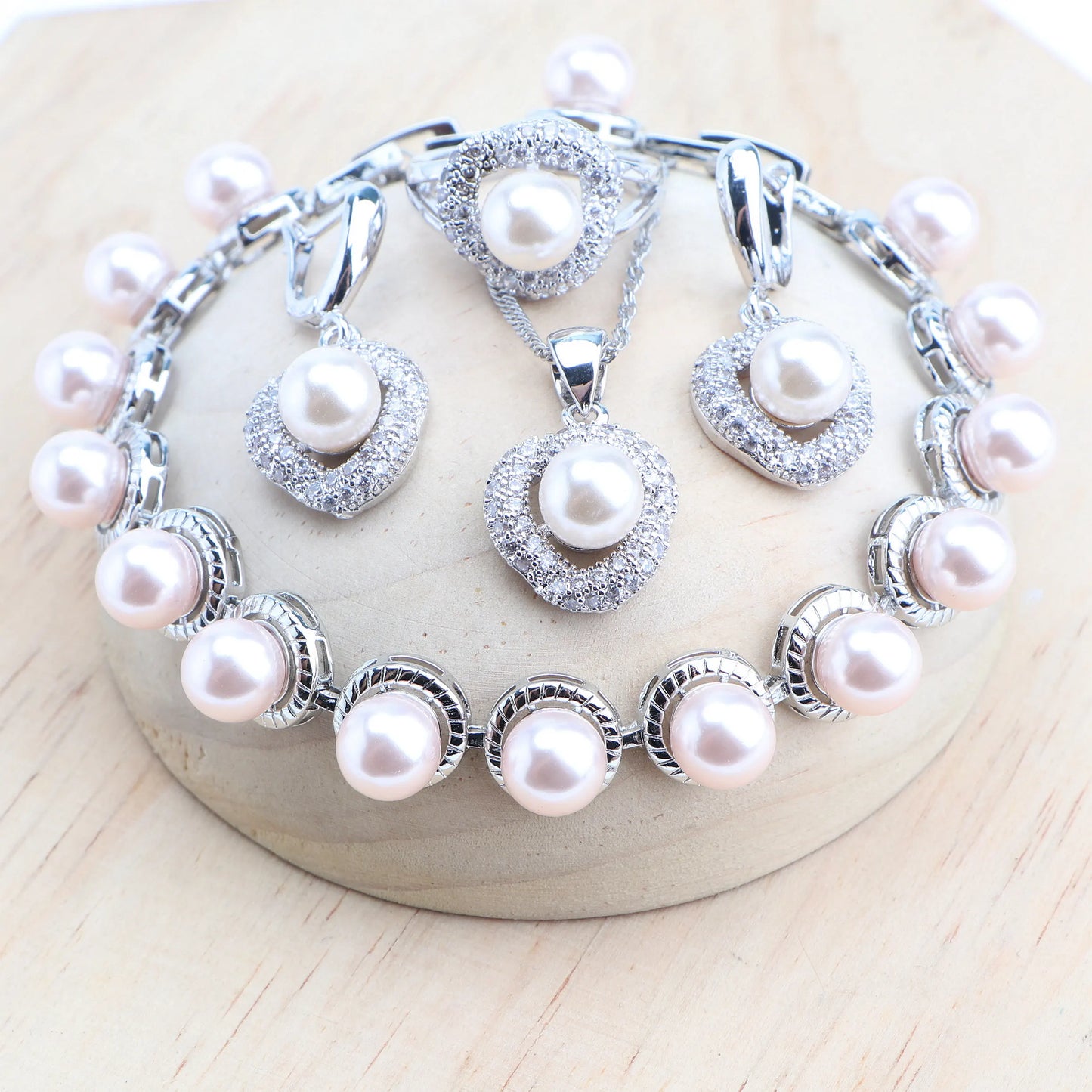 Natural Pearls 925 Silver Bridal Earrings Bracelets Rings Pendant Jewelry Set 